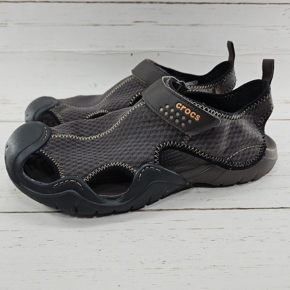 Crocs Swiftwater Mens 12 Brown Fisherman Sports Sandals Water Shoes Mesh 15041